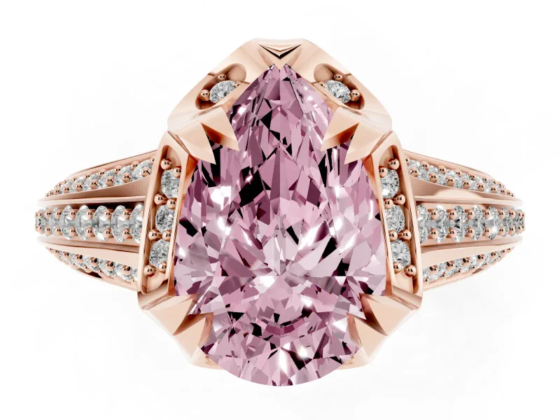 Fancy Pink Pear Cut Diamond Pavé Split Shank Solitaire Ring Set in Rose gold with Prong Setting