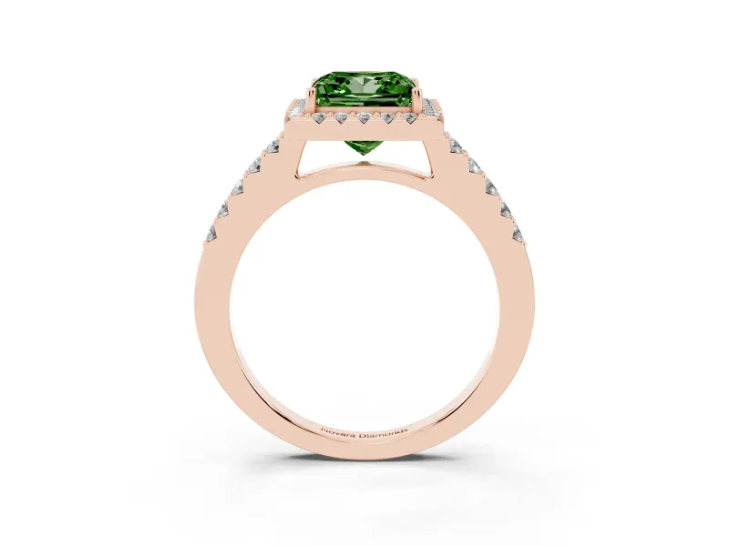Princess Cut Halo Engagement Ring Setting for a Fancy Green Lab-Grown Diamond | Single Row Pavé Band | Rose Gold