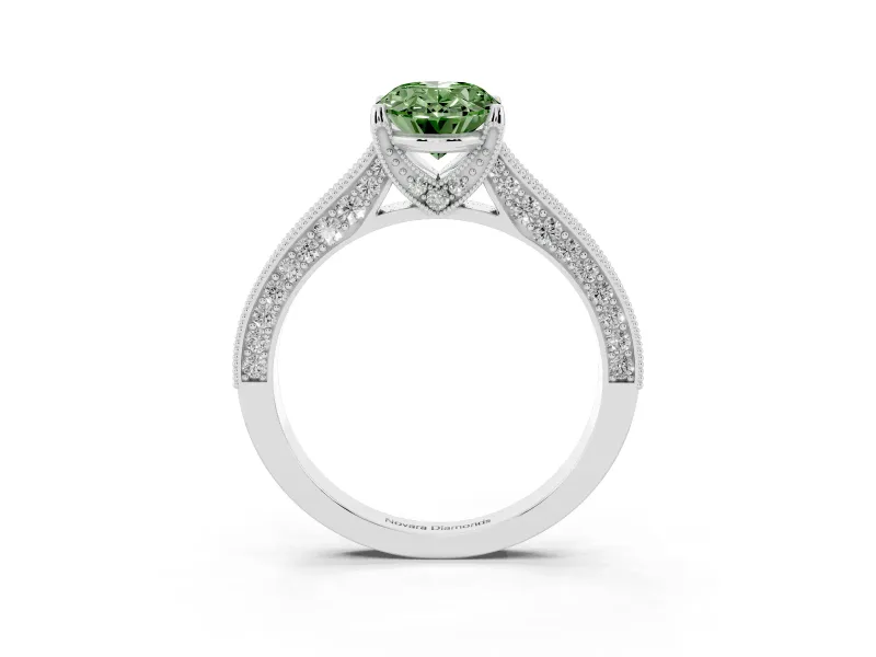 Oval Hidden Halo Engagement Ring Setting for a Fancy Green Lab-Grown Diamond | Milgrain Pave | Sterling Silver