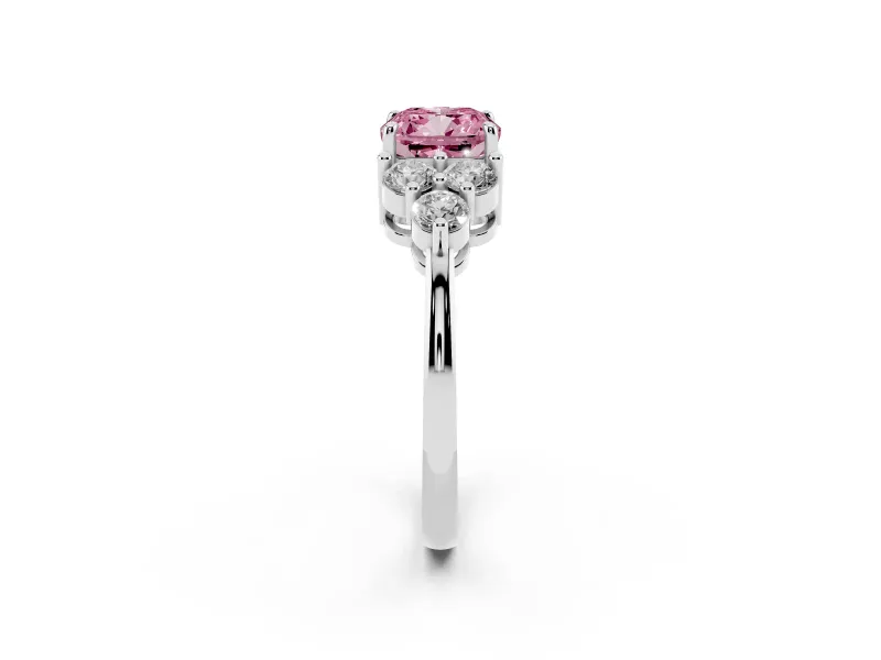 Fancy Pink Cushion Cut Diamond Solitaire Ring Set in Silver with Cluster Accents on Each Side
