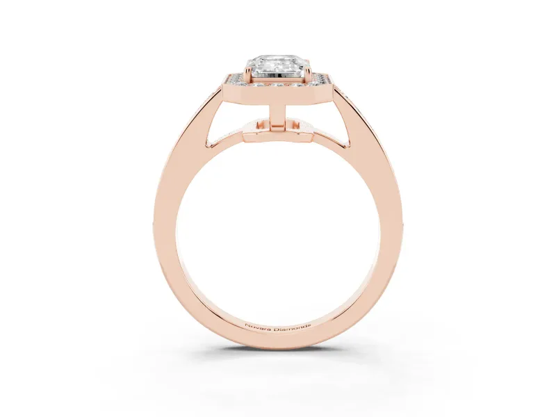 Emerald Cut Diamond Halo Pavé Engagement Ring Set in Rose gold with Bezel Setting