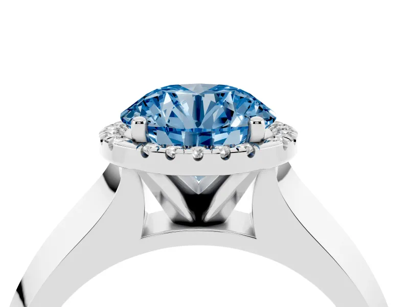 Fancy Blue Round Cut Diamond Halo Ring Set in White gold with Cathedral Band and Prong Setting