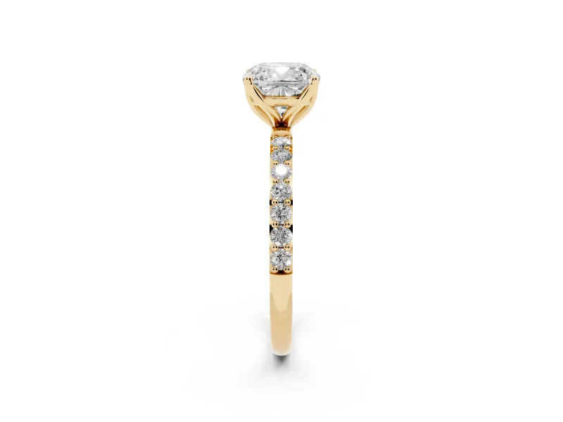 Cushion Cut Pave Solitaire Engagement Ring Setting | Fine Line Pave Band | Yellow Gold