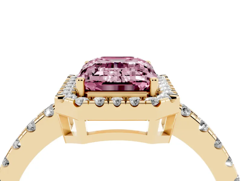 Fancy Pink Emerald Cut Diamond Halo Ring Set in Yellow gold with Delicate Pavé Band and Prong Setting