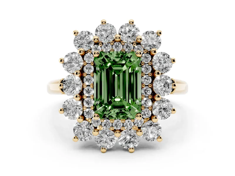 Fancy Green Emerald Cut Diamond Floral Double Halo Ring Set in Yellow gold with Round Petals