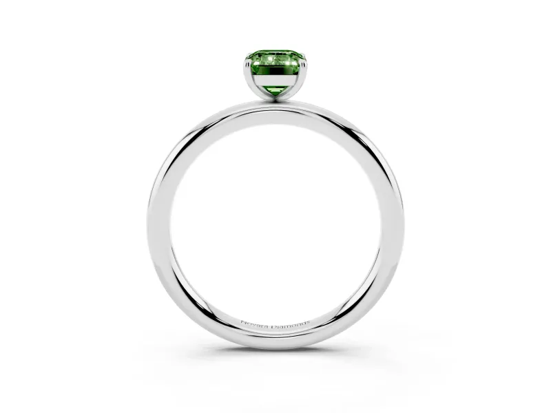 Fancy Green Emerald Cut Diamond Solitaire Ring Set in Platinum with Prong Setting on a Polished Plain Band