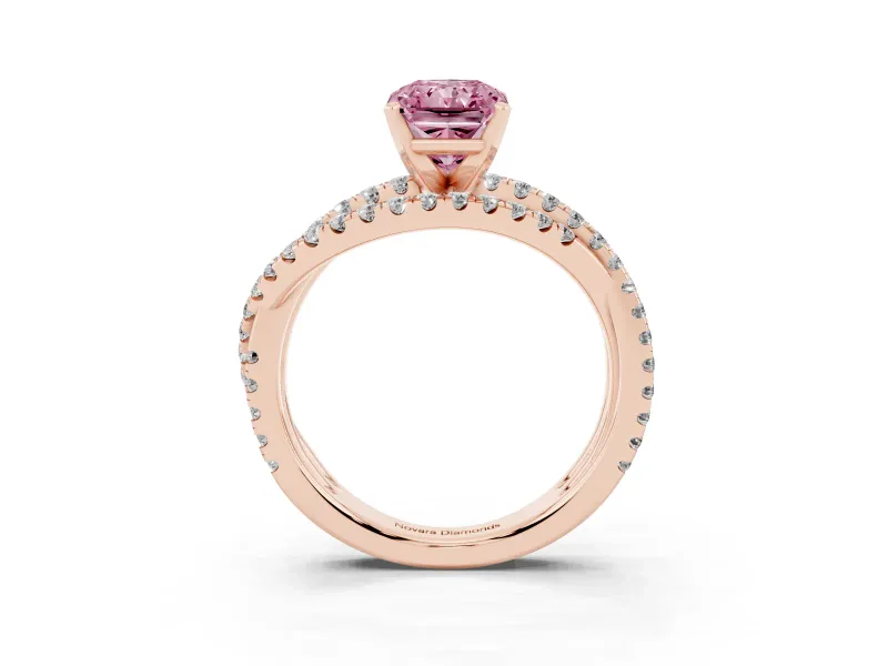 Fancy Pink Radiant Cut Diamond Solitaire Twist Band Ring Set in Rose gold with Pavé Setting and Prong Head