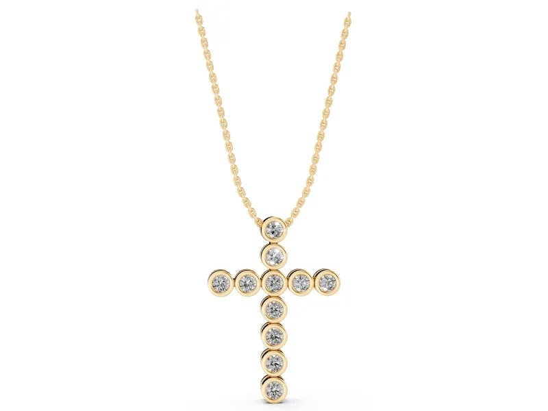 Round Lab-Grown Diamond Bezel Cross Pendant Necklace | Linked Round Bezels | Yellow Gold