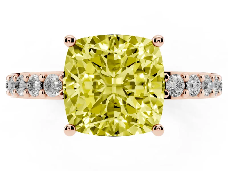 Cushion Cut Pavé Solitaire Engagement Ring Setting for a Fancy Yellow Lab-Grown Diamond | Single Row Band | Rose Gold
