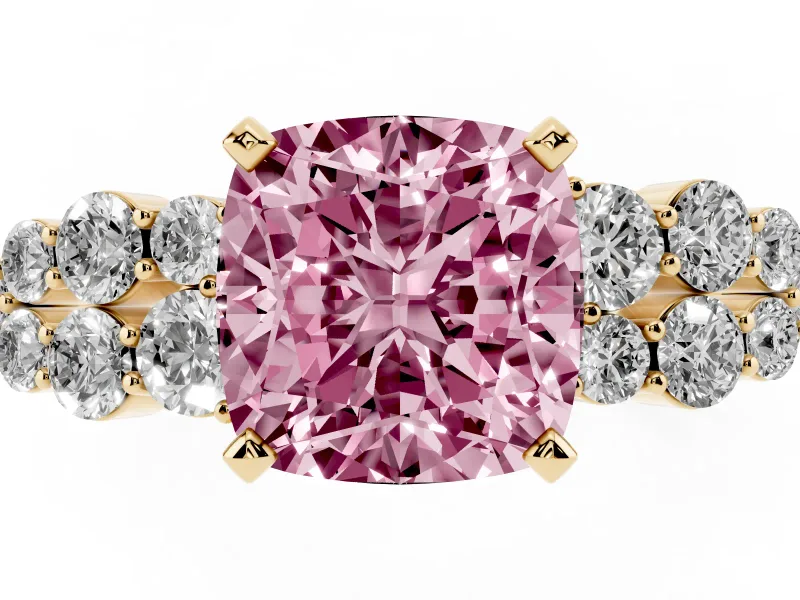 Fancy Pink Cushion Cut Diamond Cluster Engagement Ring Set in Yellow gold with Pavé Band and Prong Setting