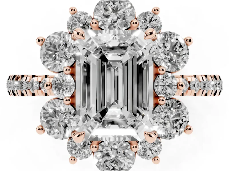 Emerald Cut Star Floral Halo Engagement Ring Setting | Graduated Pavé Band | Rose Gold