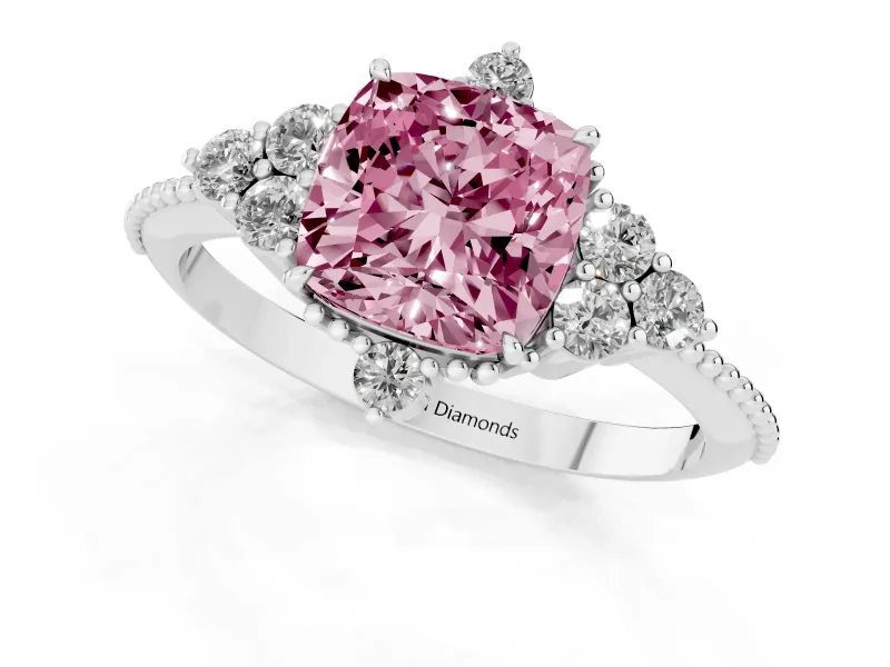 Cushion Cut Cluster Engagement Ring Setting for a Fancy Pink Lab-Grown Diamond | Platinum