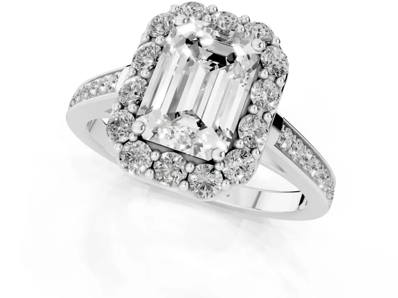 Emerald Cut Diamond Floral Halo Ring Set in Silver with Pavé Band and Prong Setting