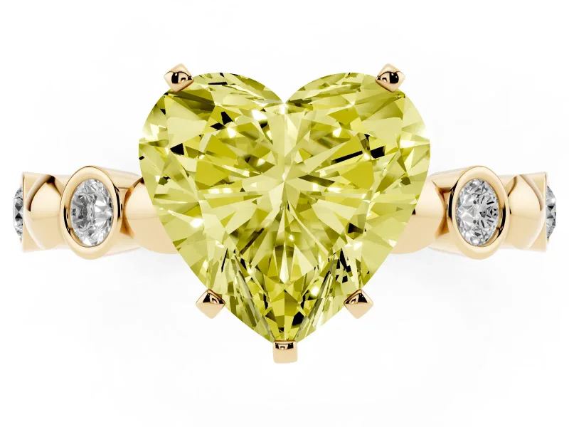 Fancy Yellow Heart Cut Diamond Solitaire Ring Set in Yellow gold with Bezel-Set Accents on Beaded Band and Prong Setting