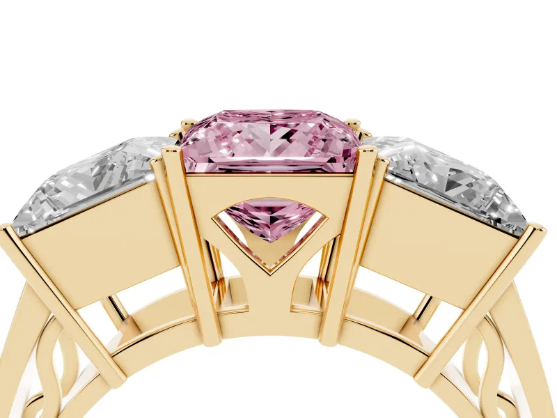 Princess Cut Three Stone Engagement Ring Setting for a Fancy Pink Lab-Grown Diamond | Beaded Shoulders | Yellow Gold