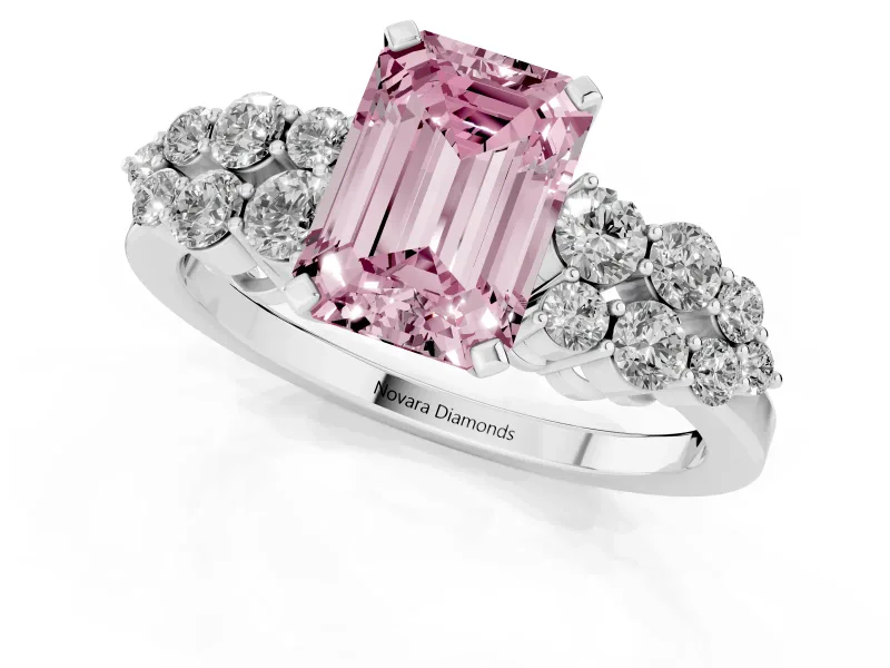 Fancy Pink Emerald Cut Diamond Cluster Engagement Ring Set in Platinum with Pavé Band and Prong Setting