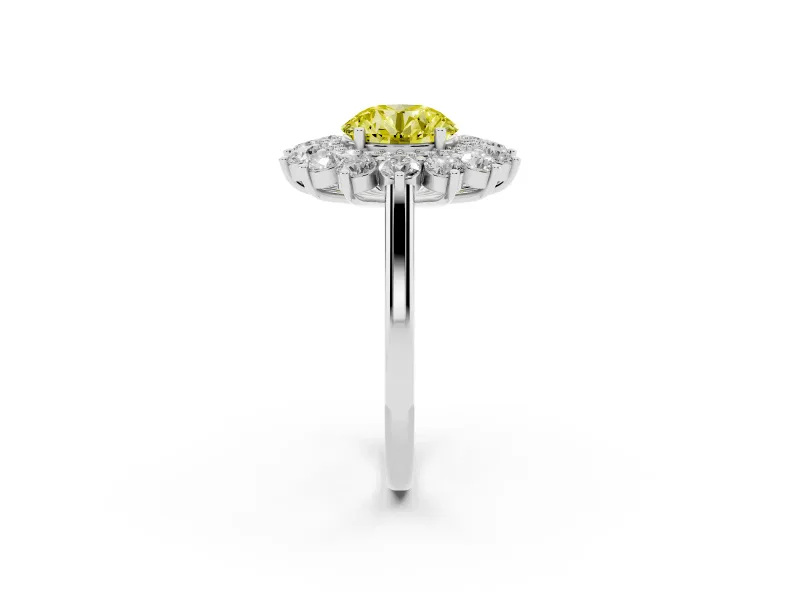 Round Floral Double Halo Engagement Ring Setting for a Fancy Yellow Lab-Grown Diamond | Plain Band | Sterling Silver
