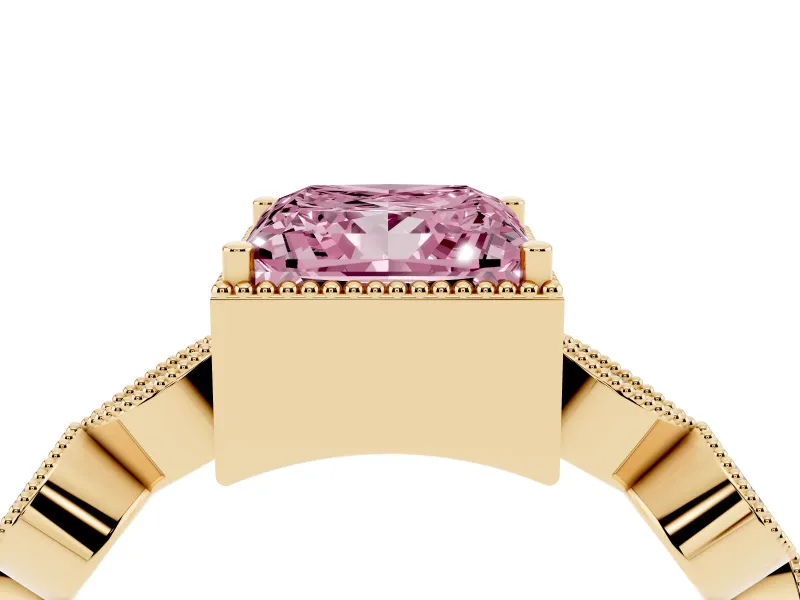 Fancy Pink Princess Cut Diamond Vintage-Inspired Milgrain Ring Set in Yellow gold with Marquise Stations of Round Accents