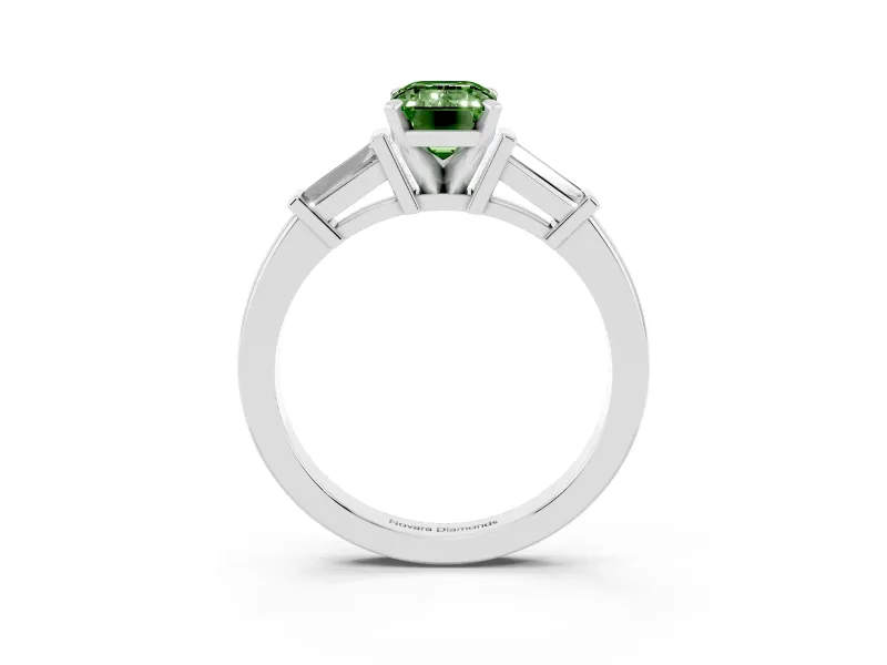 Fancy Green Emerald Cut Diamond Solitaire Ring Set in White gold with Tapered Baguette Accents and Prong Setting