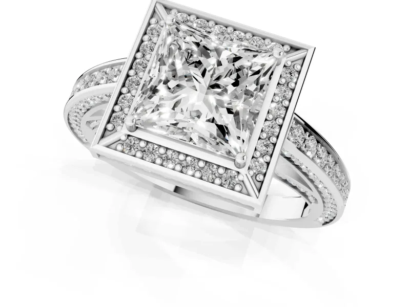 Princess Cut Sectioned Halo Engagement Ring Setting | Pavé Gallery and Band | Platinum