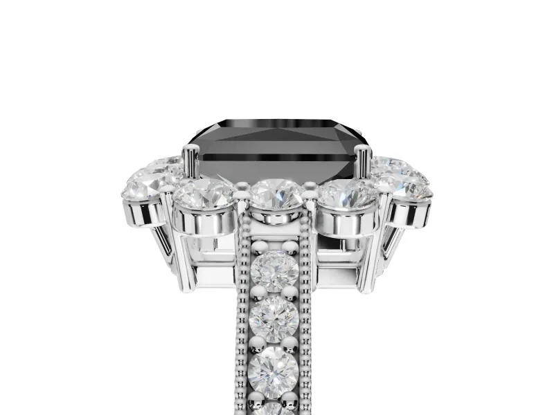 Fancy Black Radiant Cut Lab-Grown Diamond Halo Pavé Engagement Ring Set in Platinum with Milgrain Detailing
