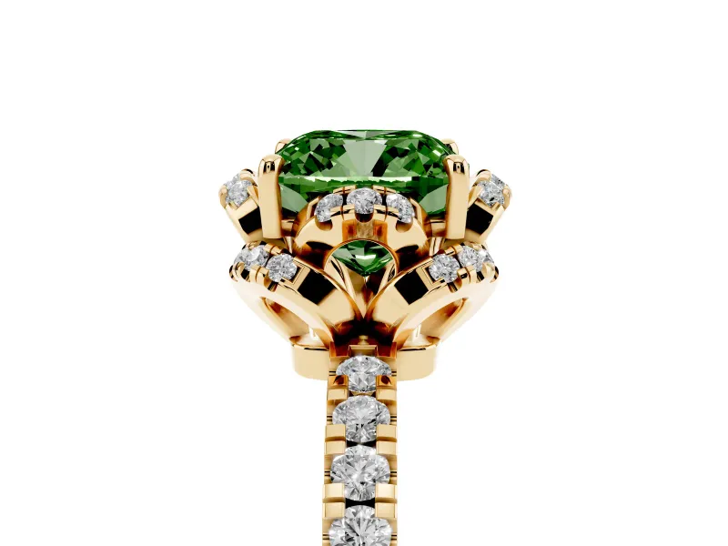 Fancy Green Cushion Cut Diamond Halo Pavé Band Ring Set in Yellow gold with Prong-Held Center
