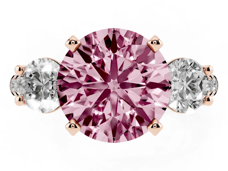 Fancy Pink Three-Stone Round Cut Diamond Pavé Band Ring Set in Rose gold with Prong-Set Trio