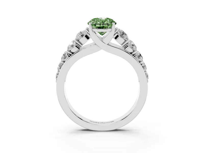 Fancy Green Oval Cut Diamond Solitaire Ring Set in Silver with Pavé-Set Band and Prong Setting