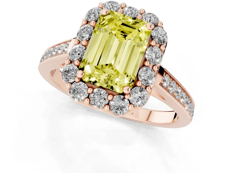 Fancy Yellow Emerald Cut Diamond Floral Halo Ring Set in Rose gold with Pavé Band and Prong Setting