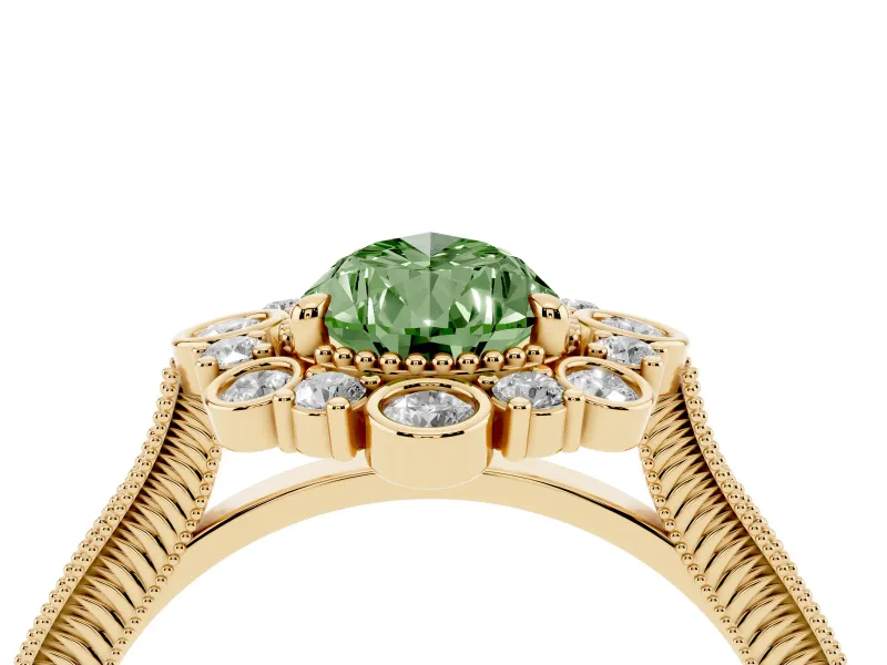 Fancy Green Pear Cut Diamond Halo Milgrain Pavé Ring Set in Yellow gold with Prong Setting