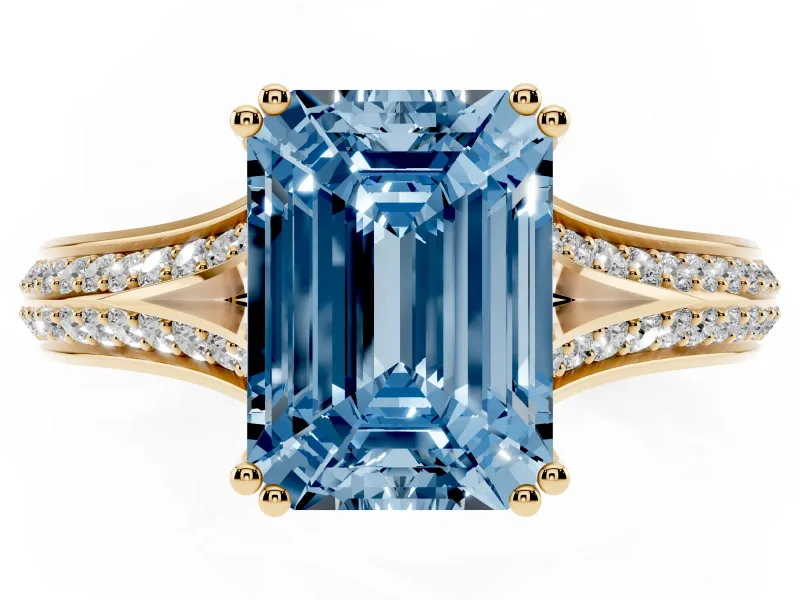 Emerald Cut Split Shank Engagement Ring Setting for a Fancy Blue Lab-Grown Diamond | Pave Band | Yellow Gold