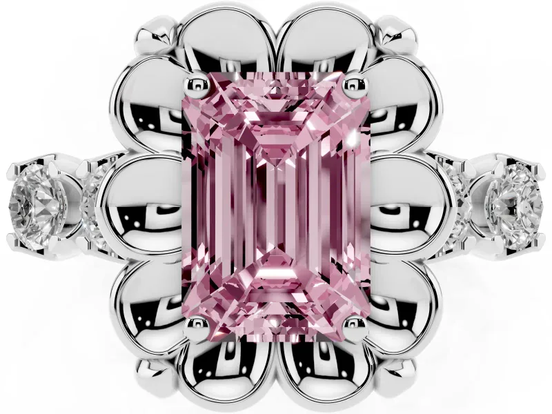 Emerald Cut Floral Engagement Ring Setting for a Fancy Pink Lab-Grown Diamond | Petal Frame and Side Stones | Platinum