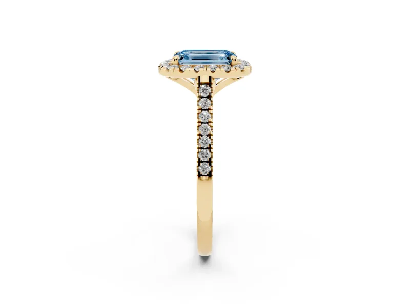 Emerald Cut Halo Engagement Ring Setting for a Fancy Blue Lab-Grown Diamond | Tapered Band | Yellow Gold