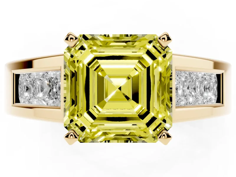 Fancy Yellow Asscher Cut Diamond Solitaire Ring Set in Yellow gold with Channel-Set Accent Stones and Prong Setting