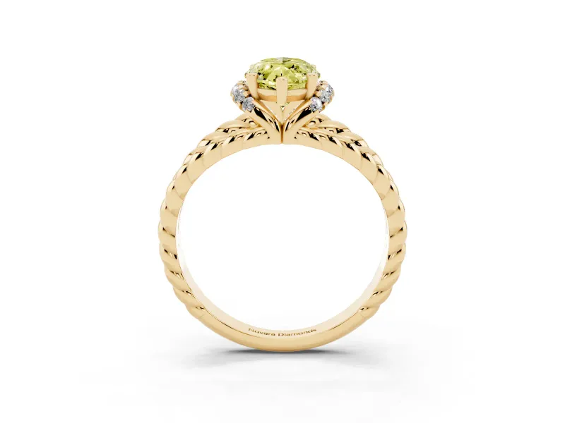Fancy Yellow Marquise Cut Diamond Halo Ring Set in Yellow gold with Twisted Band and Prong Setting