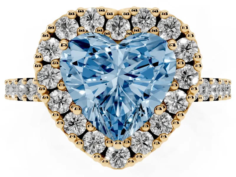 Fancy Blue Heart Cut Diamond Halo Pavé Solitaire Ring Set in Yellow gold with Prong-Set Center Stone