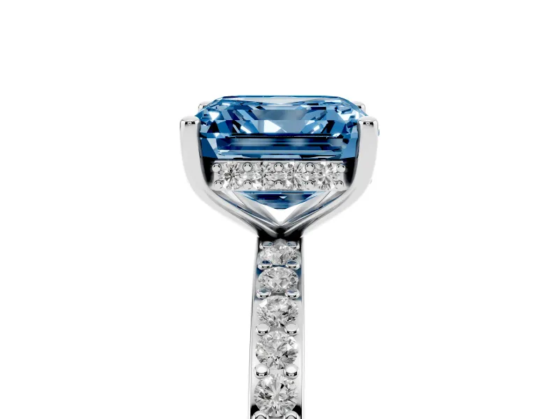 Fancy Blue Asscher Cut Diamond Pavé Band Ring Set in White gold with Prong-Set Center Stone