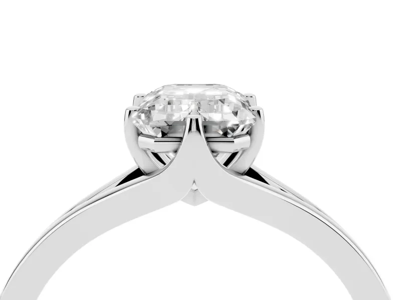 Emerald Cut Diamond Solitaire Ring Set in White gold with Polished Tapered Band and Prong Setting