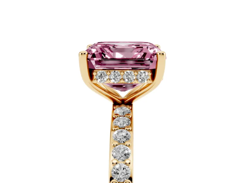 Fancy Pink Asscher Cut Diamond Pavé Band Ring Set in Yellow gold with Prong-Set Center Stone