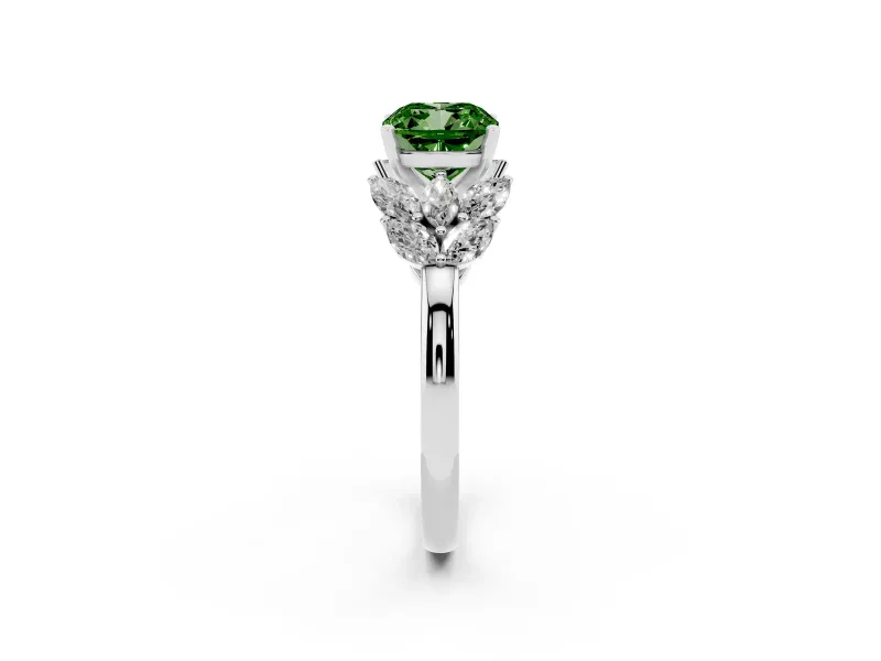Fancy Green Cushion Cut Diamond Cluster Leaf Design Ring Set in Platinum with Prong Setting