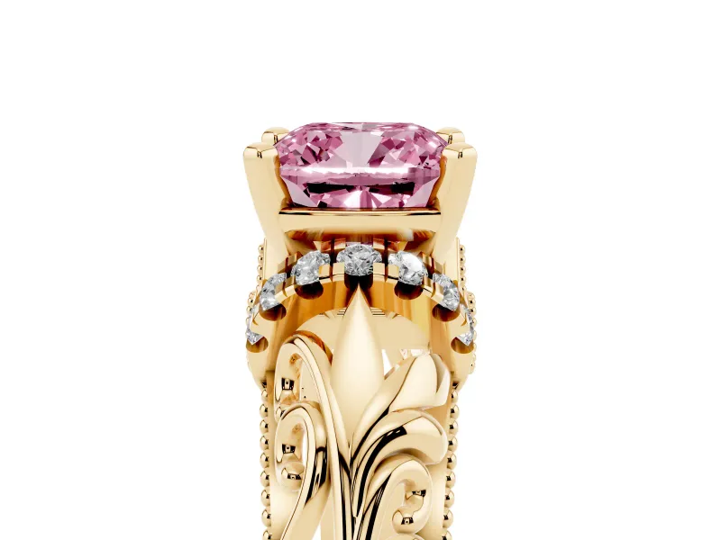 Fancy Pink Cushion Cut Diamond Filigree Halo Engagement Ring Set in Yellow gold with Prong Setting