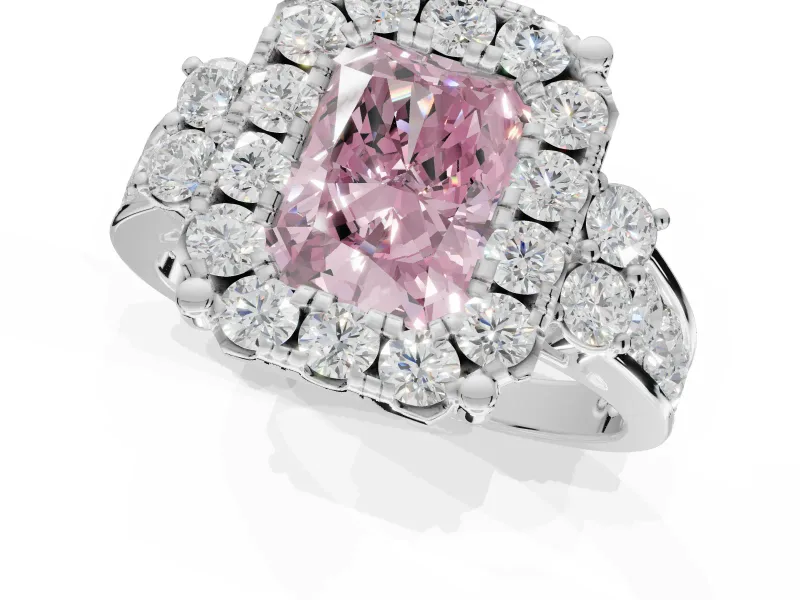 Radiant Cut Halo Engagement Ring Setting for a Fancy Pink Lab-Grown Diamond | Graduated Channel Band | Platinum