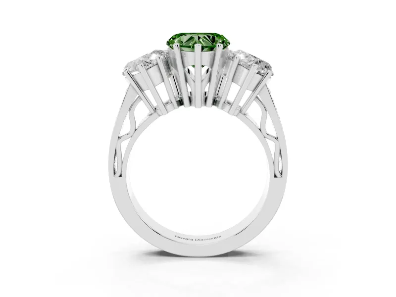 Heart-Shaped Three Stone Engagement Ring Setting for a Fancy Green Lab-Grown Diamond | Beaded Shoulders | Platinum