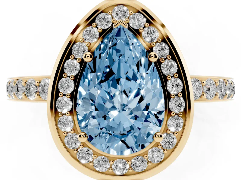 Pear-Shaped Bezel-Rim Halo Engagement Ring Setting for a Fancy Blue Lab-Grown Diamond | Pave Band | Yellow Gold