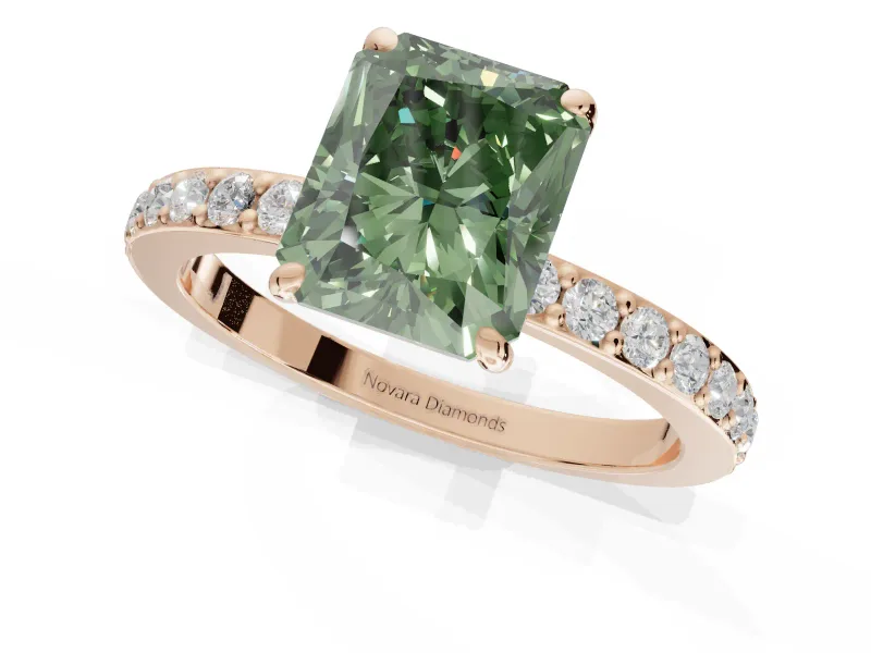 Radiant Cut Hidden Halo Engagement Ring Setting for a Fancy Green Lab-Grown Diamond | Pavé Band | Rose Gold