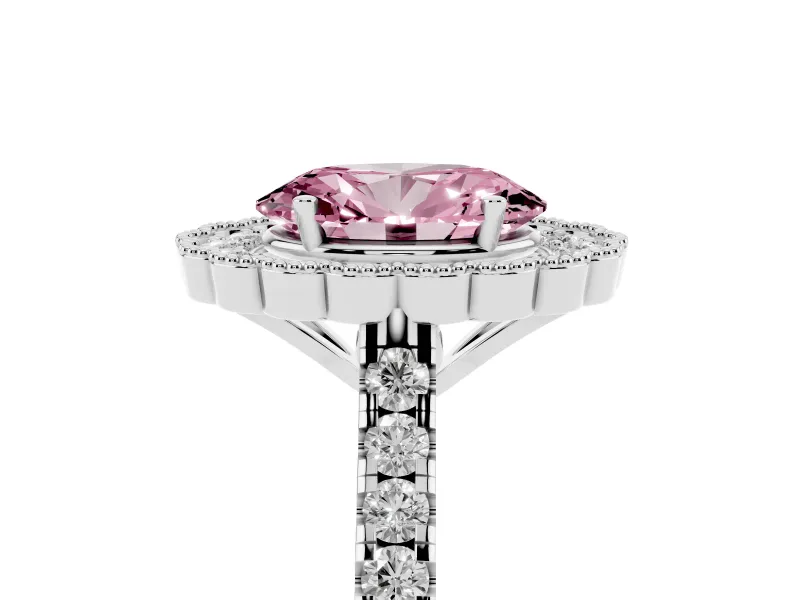 Fancy Pink Oval Cut Diamond Milgrain Floral Halo Engagement Ring Set in White gold with Pavé Band