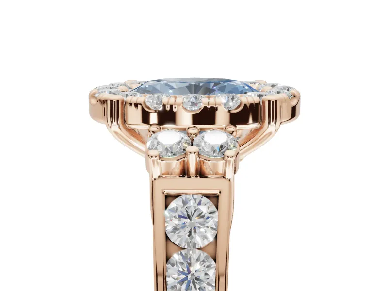 Oval Halo Engagement Ring Setting for a Fancy Blue Lab-Grown Diamond | Side Clusters | Rose Gold