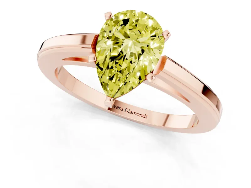 Fancy Yellow Pear Cut Diamond Solitaire Ring Set in Rose gold with Prong Setting and Classic Band