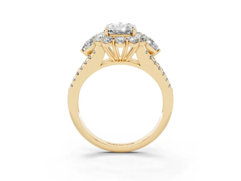 Radiant Cut Scalloped Halo Engagement Ring Setting | Pear Side Stones | Yellow Gold