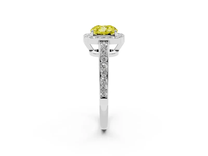 Fancy Yellow Cushion Cut Diamond Halo Pavé Engagement Ring Set in Platinum with Bezel Setting